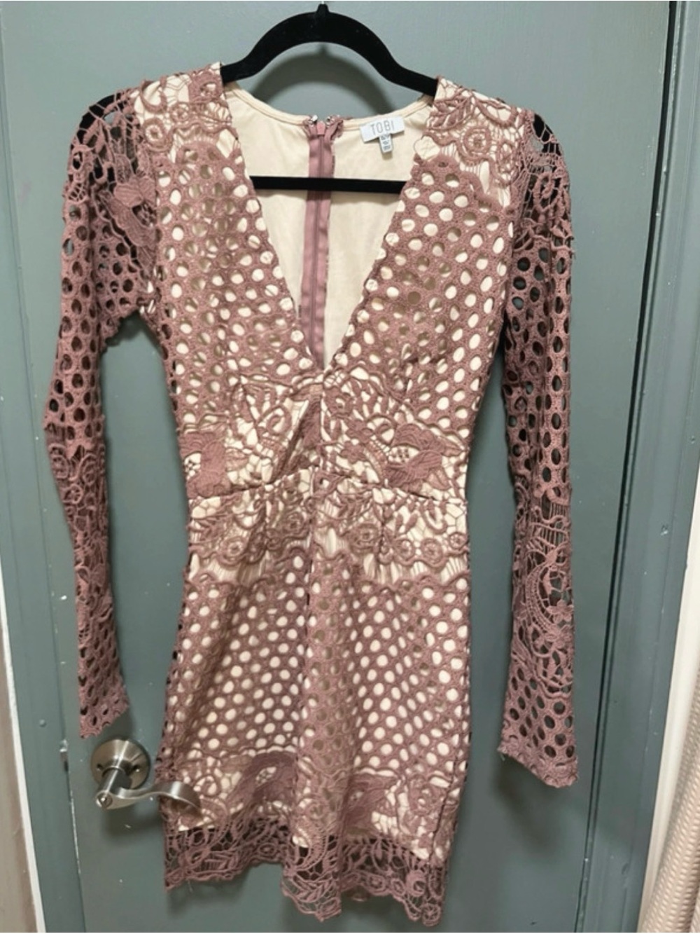Tobi Dusty Rose Lace Long Sleeve V-Neck Dress